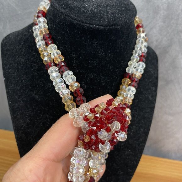 Vintage Beaded Necklace set earrings bracelet ring faux clear and ruby bead - Picture 9 of 16